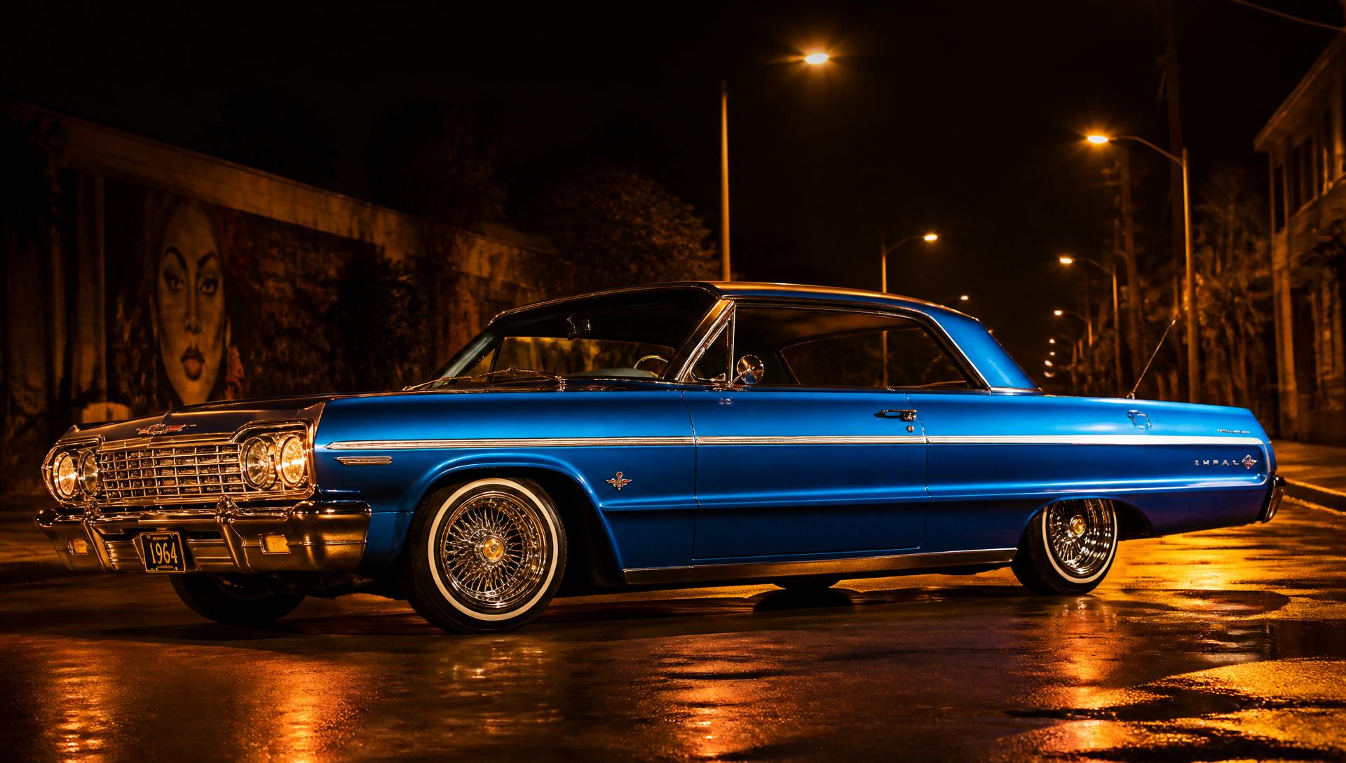 Candy-blue 1964 Impala lowrider under sodium streetlights